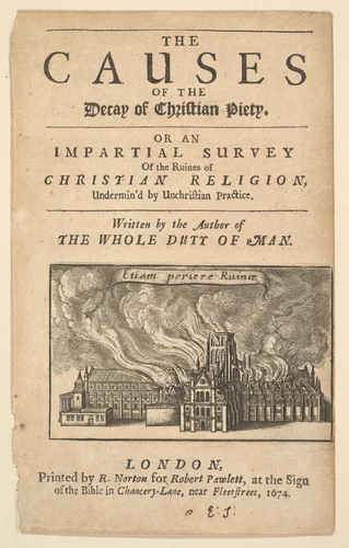 Title Page: The Causes of Decay of Christian Piety, with vignette of St. Paul's Burning, (Lex ignea) by Wenceslaus Hollar, print, 1671-1680