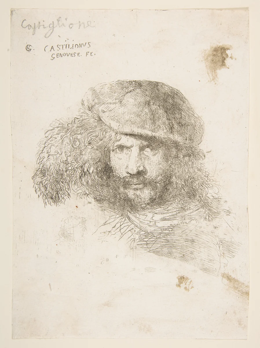 Head of a man wearing a feathered cap (possibly Bernini, possibly a self portrait), from "Large Oriental Heads" by Giovanni Benedetto Castiglione, print, 1640-1650
