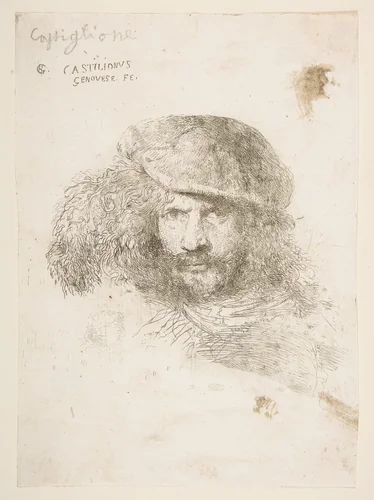 Head of a man wearing a feathered cap (possibly Bernini, possibly a self portrait), from "Large Oriental Heads" by Giovanni Benedetto Castiglione, print, 1640-1650