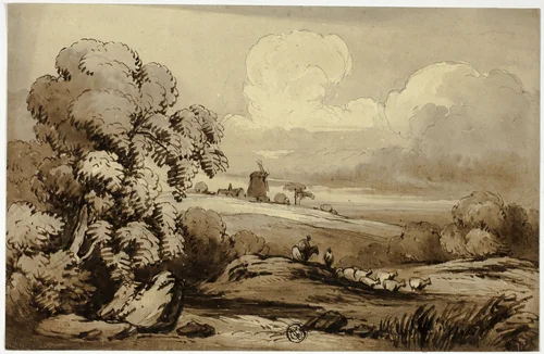 Rolling Hills with Windmill and Sheep by John Varley, drawing, 1815-1836