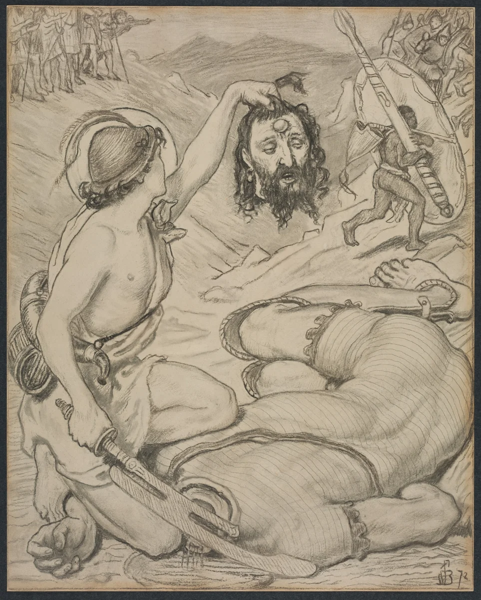 David and Goliath, Cartoon for Stained Glass Window at Jesus College, Cambridge by Ford Madox Brown, drawing, 1872