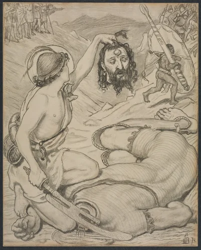 David and Goliath, Cartoon for Stained Glass Window at Jesus College, Cambridge by Ford Madox Brown, drawing, 1872