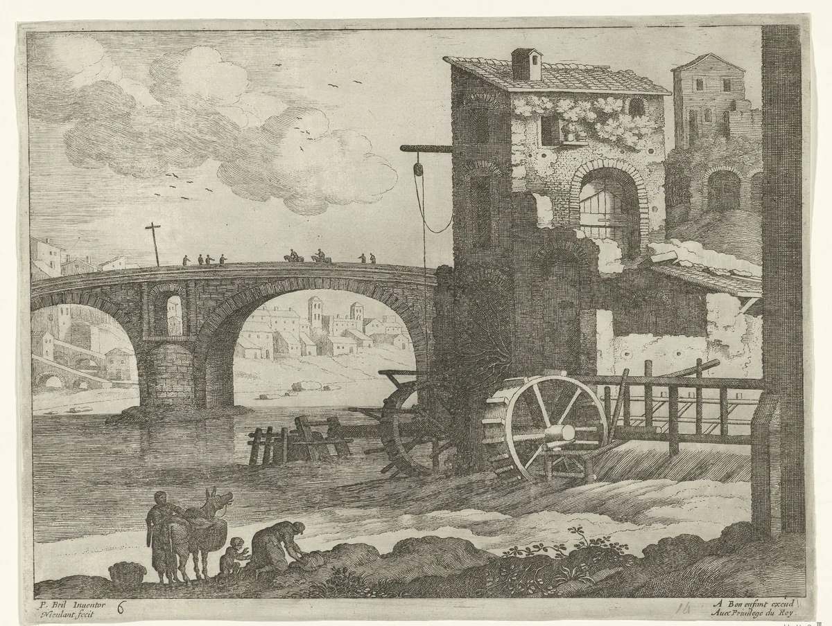 Brug en watermolen by Unknown, print, 1594-1635