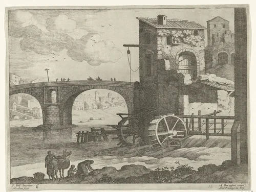 Brug en watermolen by Unknown, print, 1594-1635