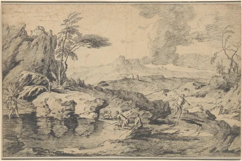 Landscape with Fishermen by Gaspard Dughet, drawing, 1625-1675