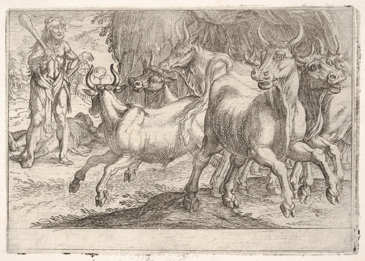 Hercules and the Oxen of Geryones: with a club raised by his right hand, Hercules confronts a group of galloping oxen, from "The Labors of Hercules" by Antonio Tempesta, print, 1608