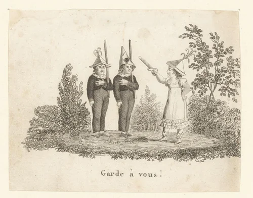 Drie kinderen spelen soldaatje by anonymous, print, 1800-1899