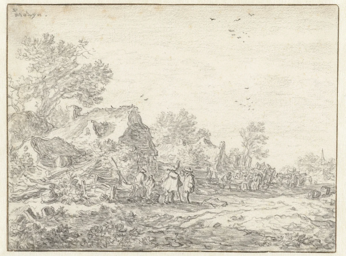 Hutten langs een weg by Pieter de Molijn, drawing, 1650-1660
