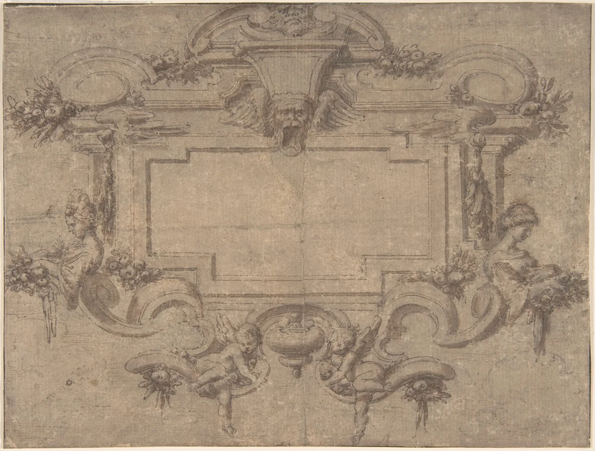 Design for a Cartouche or Wall Panel with Scrollwork, Masks and Female Figures by anonymous, drawing, 1600-1699
