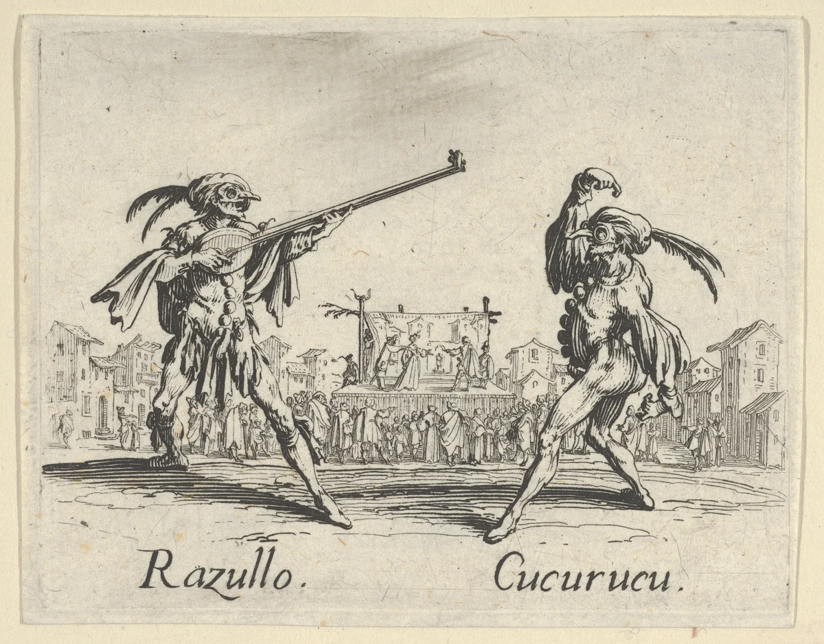 Razullo - Cucurucu, from "Balli di Sfessania" (Dance of Sfessania) by Jacques Callot, print, 1622