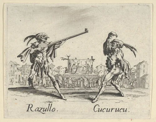 Razullo - Cucurucu, from "Balli di Sfessania" (Dance of Sfessania) by Jacques Callot, print, 1622