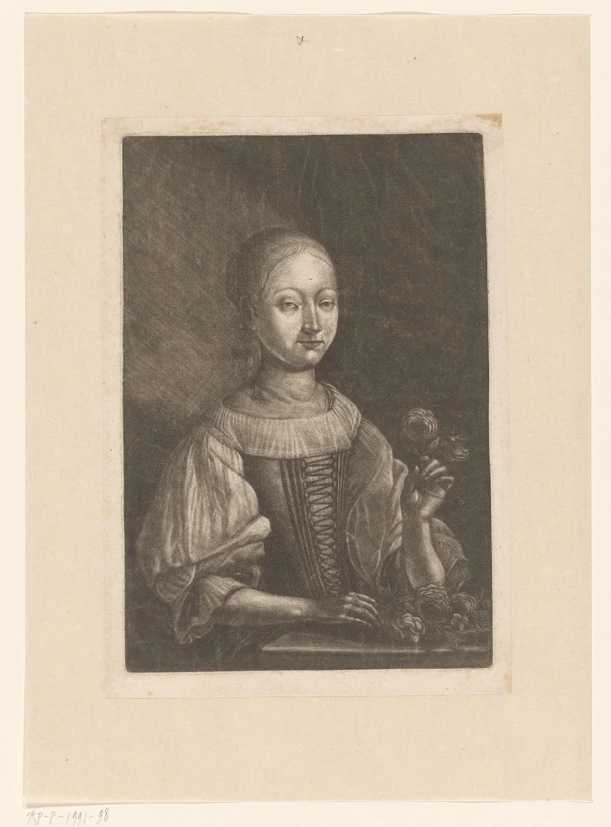 Meisje met een roos by Martin Dichtl, print, 1649-1710