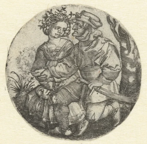 Zittende man houdt hand vast van vrouw met krans op hoofd by Unknown, print, 1510-1550