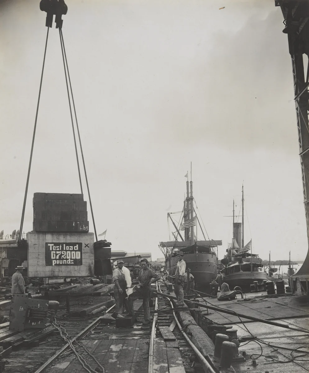 Floating Crane "Ajax" test 275 ton test load (10% excess) luffed out at rated reach by Unidentified Photographer, photograph, 1915