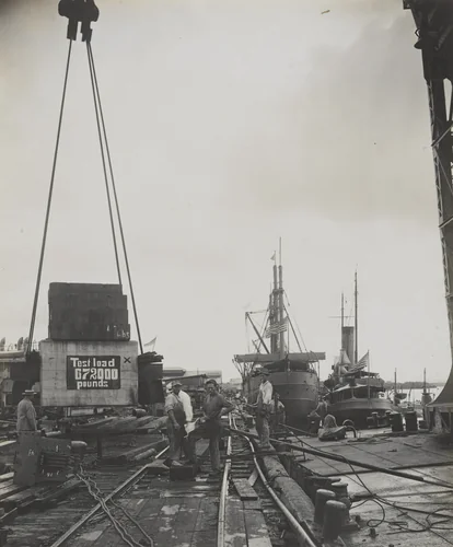 Floating Crane "Ajax" test 275 ton test load (10% excess) luffed out at rated reach by Unidentified Photographer, photograph, 1915