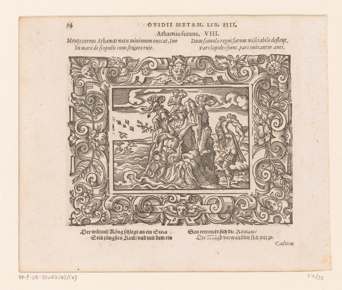 Athamas slaat zijn zoon tegen de rotsen en Ino stort zich in zee by Virgilius Solis, print, 1569