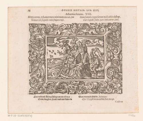 Athamas slaat zijn zoon tegen de rotsen en Ino stort zich in zee by Virgilius Solis, print, 1569
