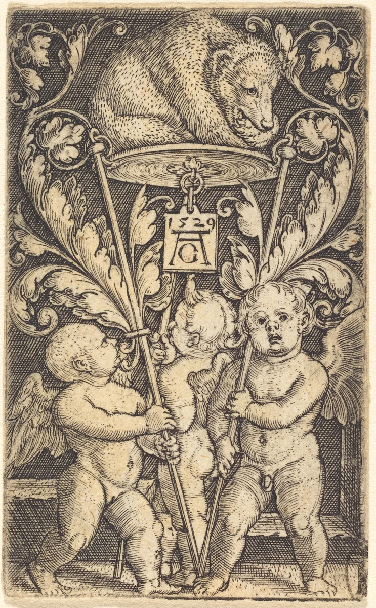 Three Cupids and a Bear by Heinrich Aldegrever, print, 1529