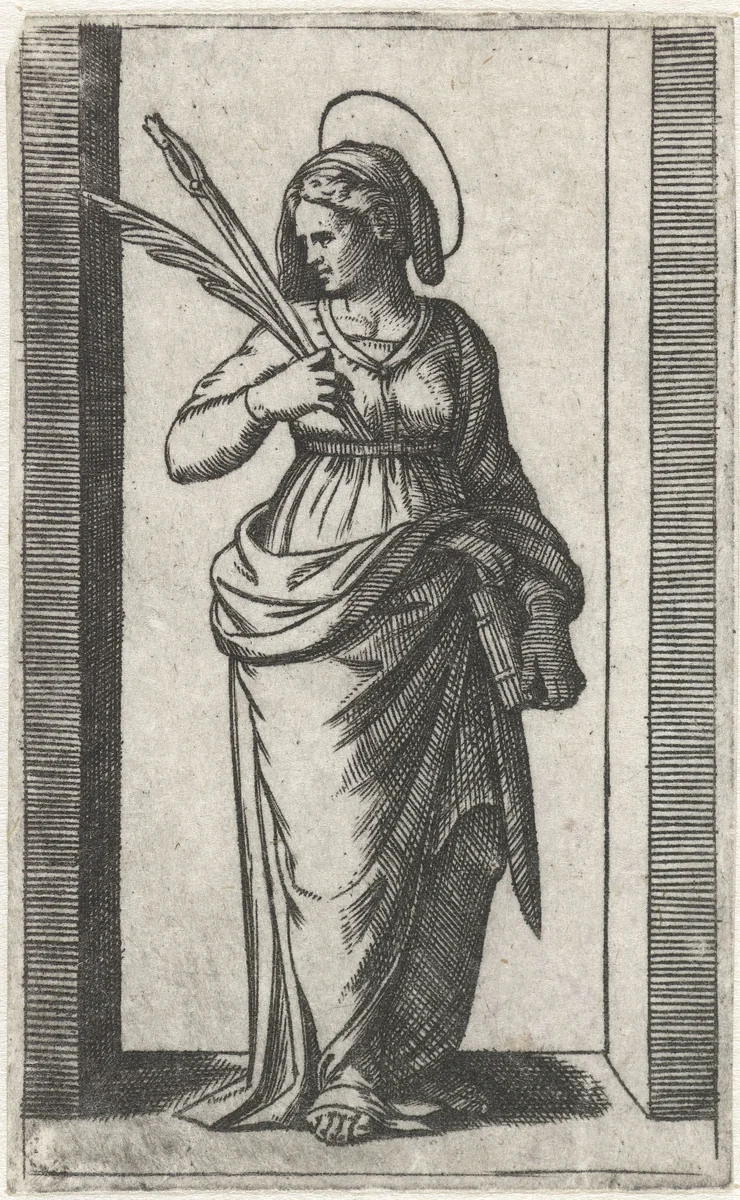 Heilige Apollonia met nijptang met tand by Marcantonio Raimondi, print, 1500-1527