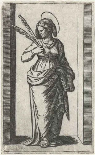 Heilige Apollonia met nijptang met tand by Marcantonio Raimondi, print, 1500-1527
