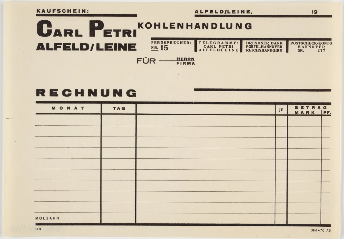 Carl Petrie, Alfeld/Leine, Kohlenhandlung, Rechnung by Johannes Molzahn, design, 1920