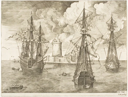 Four-Master and Two Three-Masters Anchored near a Fortified Island with a Lighthouse, from The Sailing Vessels by Frans Huys, print, 1560-1562
