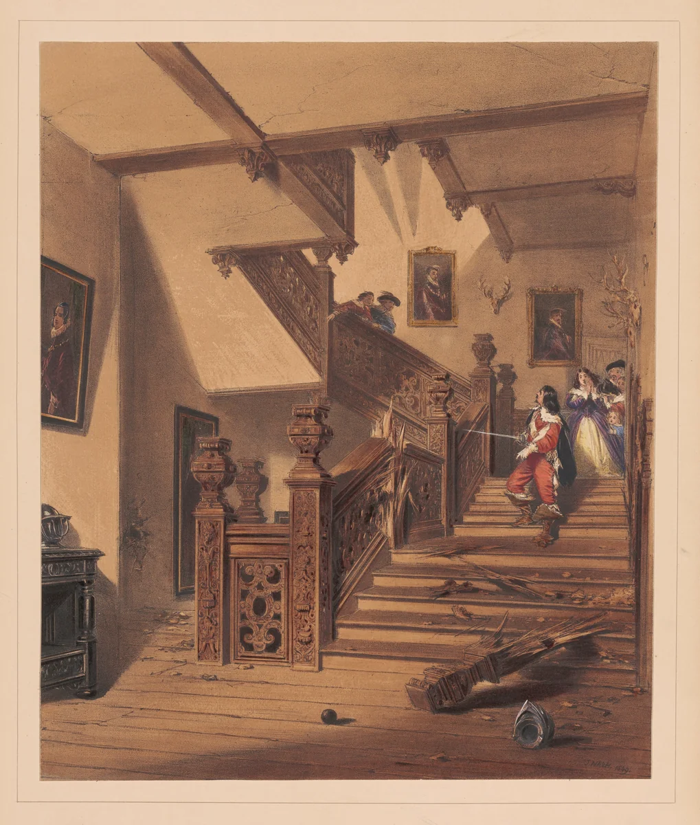 Staircase, Aston Hall, Warwickshire by Joseph Nash, print, 1849