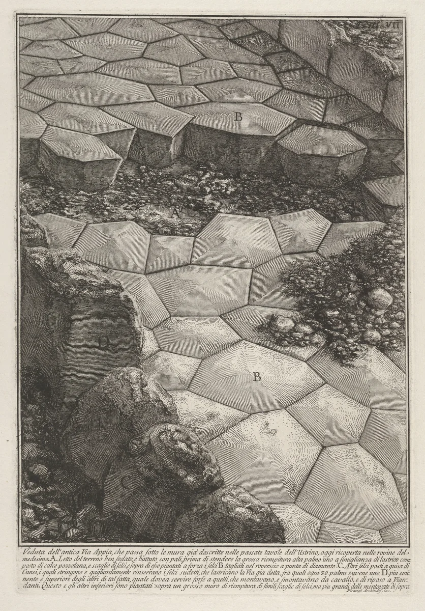 View of the stone pavement of the Appian Way (Veduta dell'antica Via Appia), from "Le Antichità Romane" by Giovanni Battista Piranesi, print, 1756
