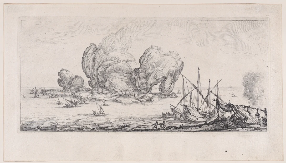 Le Grand Rocher (The Large Rock), from "Paysages Gravés pour Jean de Médicis appelées aussi Paysages Dessinés a Florence, Vues de Florence, Paysages d'Italie, et Paysages Définitifs" (Landscapes Engraved for Giovanni de'Medici, Landscapes Designed in Florence, Views of Florence, Landscapes of Italy, and Definitive Landscapes) by Jacques Callot, print, 1613-1623