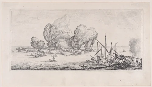 Le Grand Rocher (The Large Rock), from "Paysages Gravés pour Jean de Médicis appelées aussi Paysages Dessinés a Florence, Vues de Florence, Paysages d'Italie, et Paysages Définitifs" (Landscapes Engraved for Giovanni de'Medici, Landscapes Designed in Florence, Views of Florence, Landscapes of Italy, and Definitive Landscapes) by Jacques Callot, print, 1613-1623