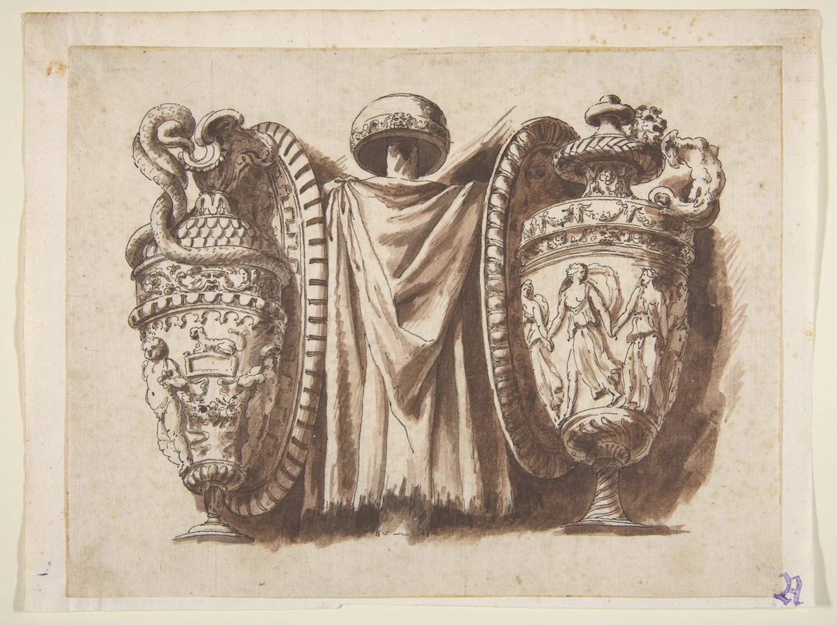 Trophy with Two Vases by Polidoro da Caravaggio, drawing, 1600-1800
