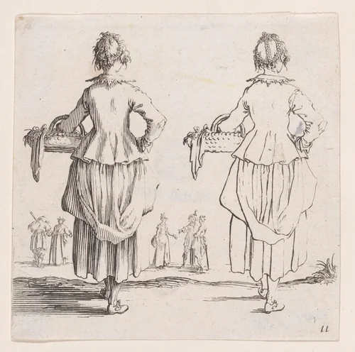 La Paysanne Vue de Dos, Tenant un Panier a son Bras Gauche (The Peasant Woman Viewed from Behind, Holding a Basket in his Left Arm), plate 11 from "Varie Figure" (Various Figures) by Jacques Callot, print, 1615-1625