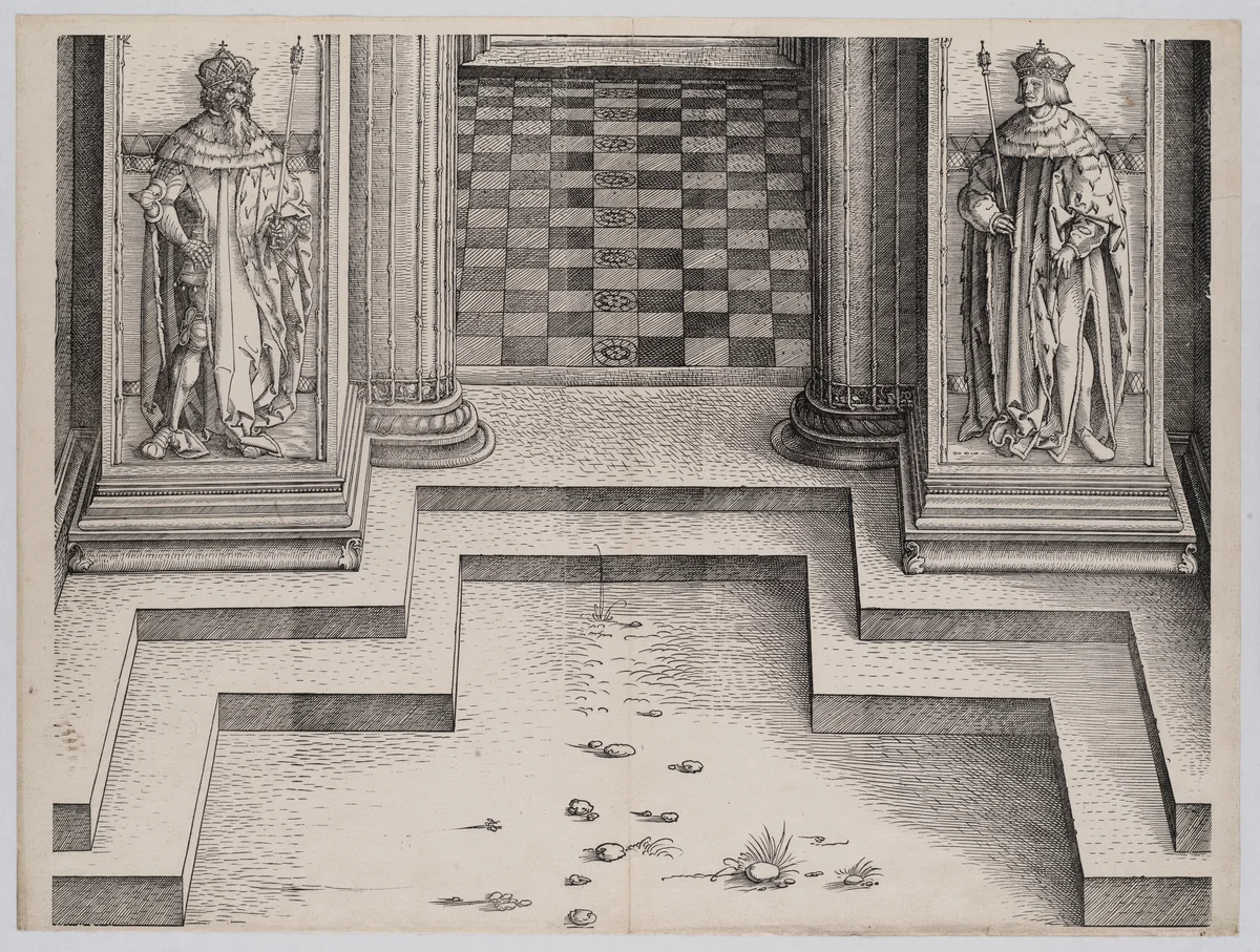 The Pedestal of the Central Portal with Figures of Two Archdukes of Austria, from the Arch of Honor, proof, dated 1515, printed 1517-18 by Hans Springinklee, print, 1515