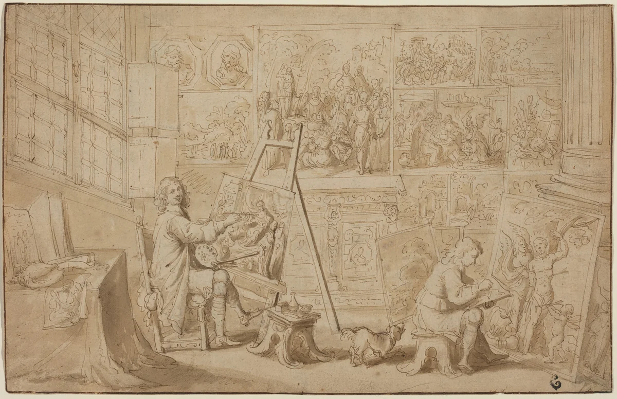 An Artist's Studio [recto] by Frans Francken the Younger, drawing, 1581-1642