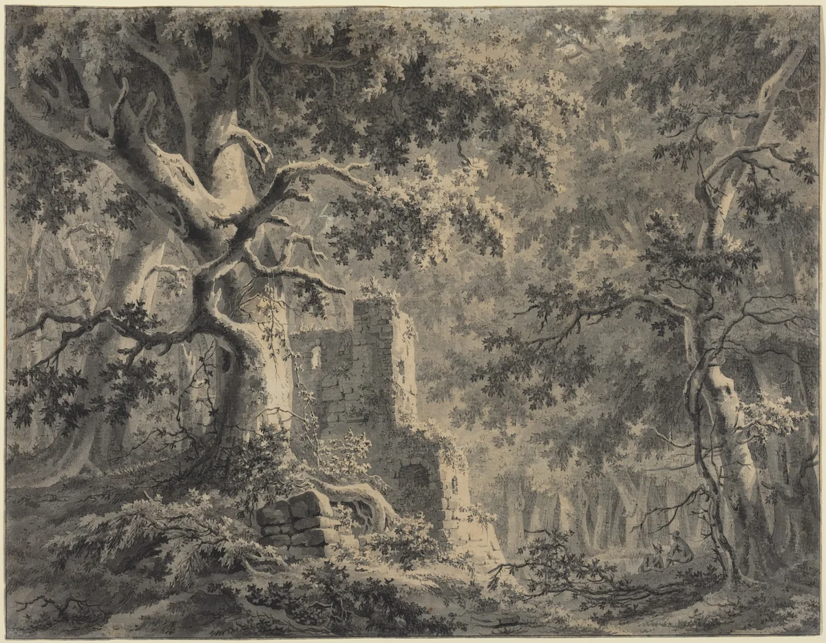Ruins by a Woodland Stream by Paulus van Liender, drawing, 1731-1797