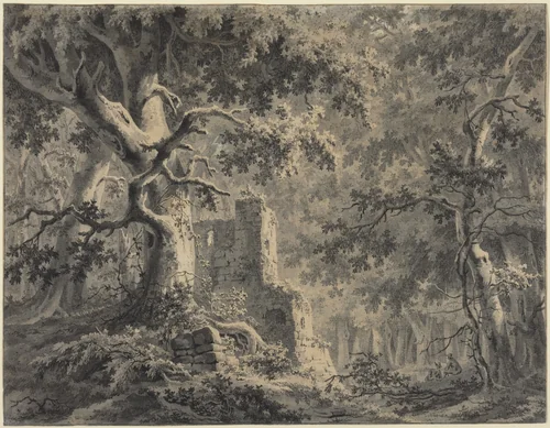 Ruins by a Woodland Stream by Paulus van Liender, drawing, 1731-1797