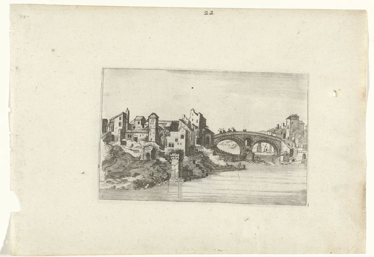 Brug over de rivier by anonymous, print, 1594-1685