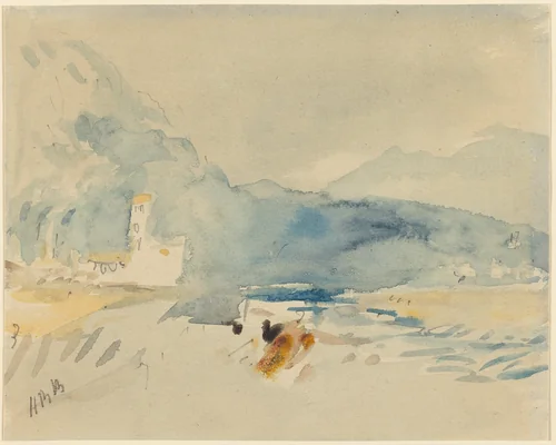 A Landscape with Mountains and a Stream by Hercules Brabazon Brabazon, drawing, 1821-1906