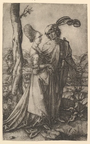 Lord and lady walking with figure of death hiding behind a tree, holding an hourglass, The Promenade after Dürer by Marcantonio Raimondi, print, 1495-1539