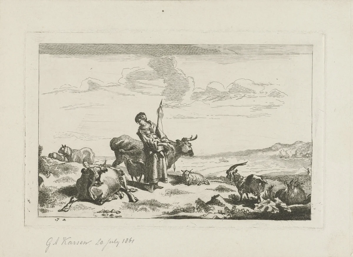 Landschap met vee en herderin by George Andries Karsen, print, 1861