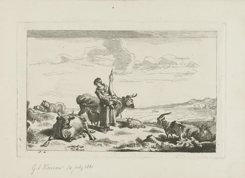 Landschap met vee en herderin by George Andries Karsen, print, 1861