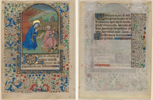 Leaf from a Book of Hours: The Nativity (recto) and Text (verso) by Unknown, manuscript, 1425-1435