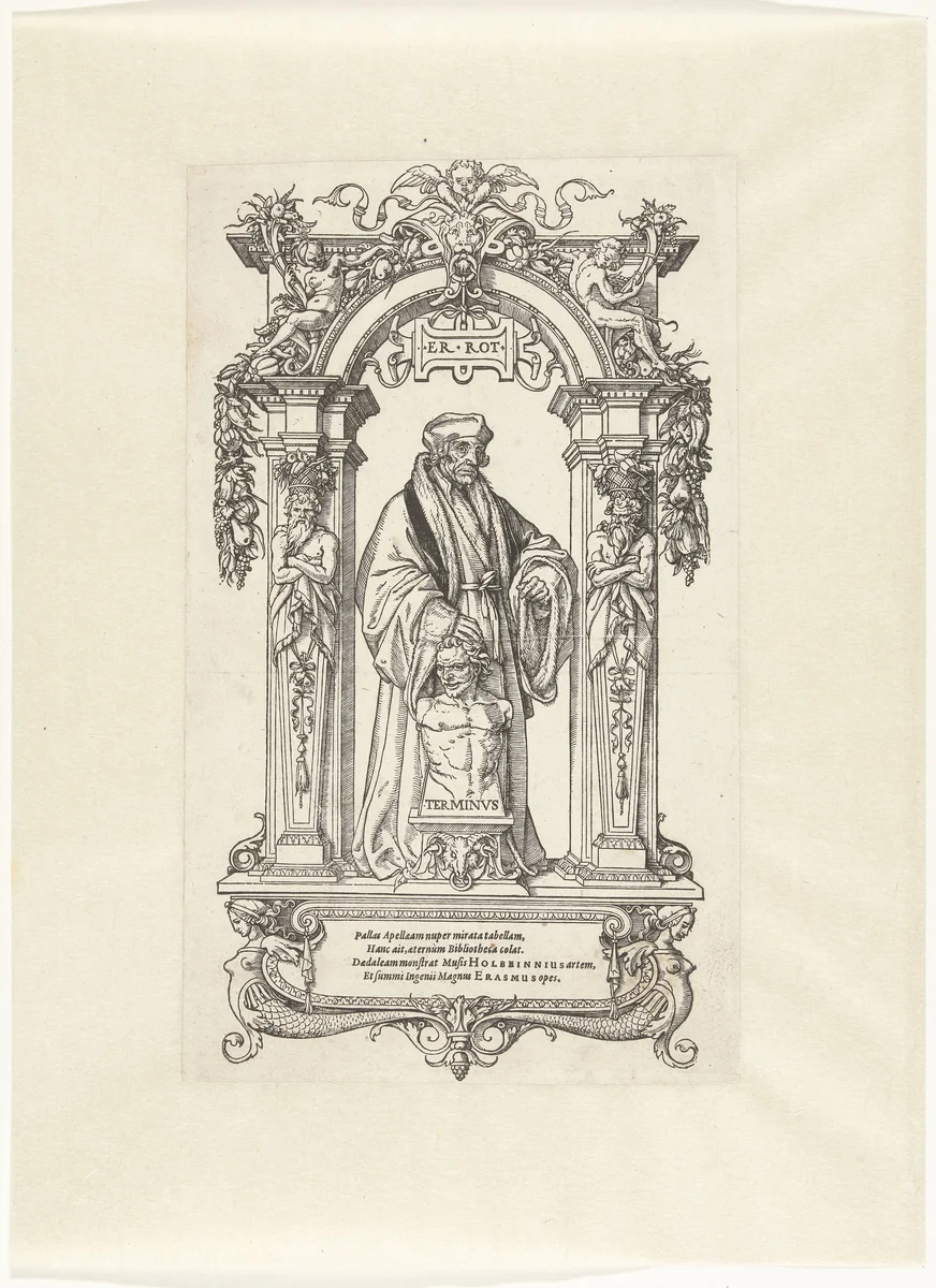 Portret van Erasmus staand onder boog met beeld van Terminus by Unknown, print, 1536-1540