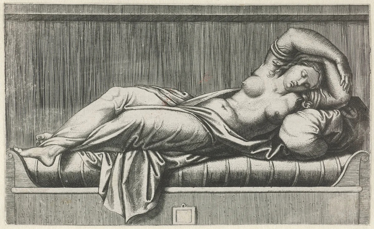 Cleopatra halfnaakt liggend op bed by anonymous, print, 1515-1575