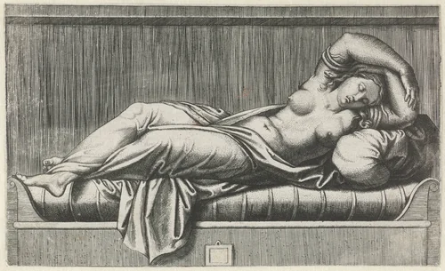 Cleopatra halfnaakt liggend op bed by anonymous, print, 1515-1575