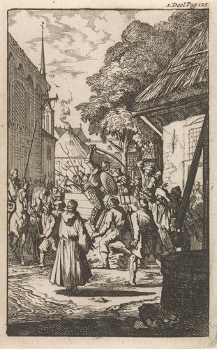 Strijd van Don Clarazel met de boeren in het dorp Uxel by Caspar Luyken, print, 1697