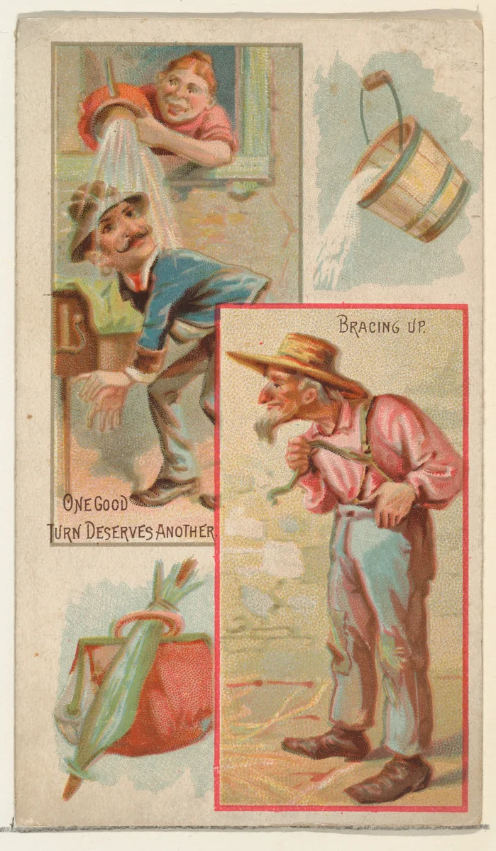 One Good Turn Deserves Another / Bracing Up, from the Jokes series (N118) issued by Duke Sons & Co. to promote Honest Long Cut Tobacco by W. Duke, Sons & Co., print, 1890-1893