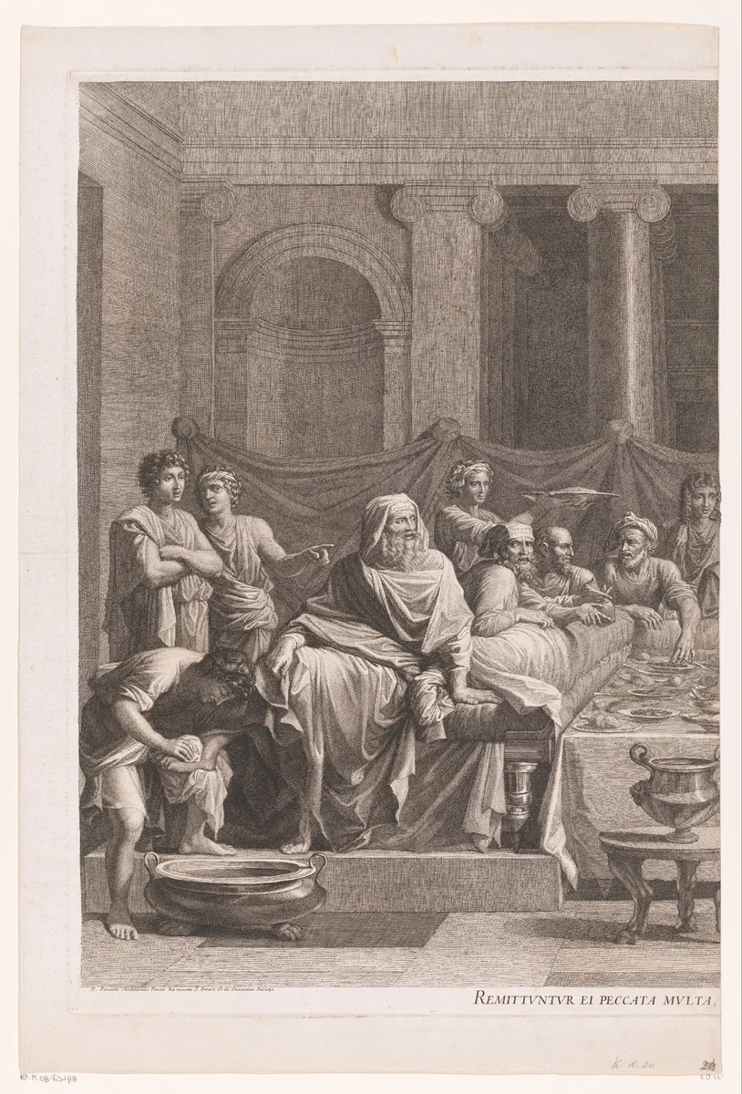 Christus in het huis van Simon in Bethanië (linker deel) by Jean Pesne, print, 1633-1700