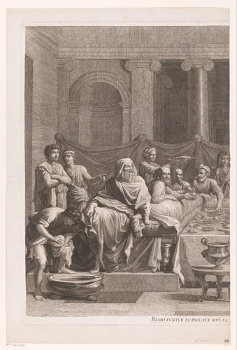 Christus in het huis van Simon in Bethanië (linker deel) by Jean Pesne, print, 1633-1700