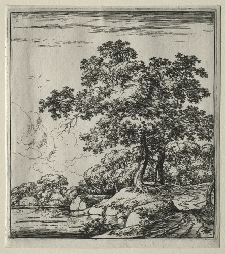 Les deux grands arbres près de la rivière by Herman Naiwincx, print, 1640-1651